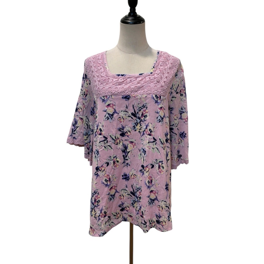 Women's Tunic Top Pink Floral Lace Sz M Cottagecore Fairy Romantic Gauzy